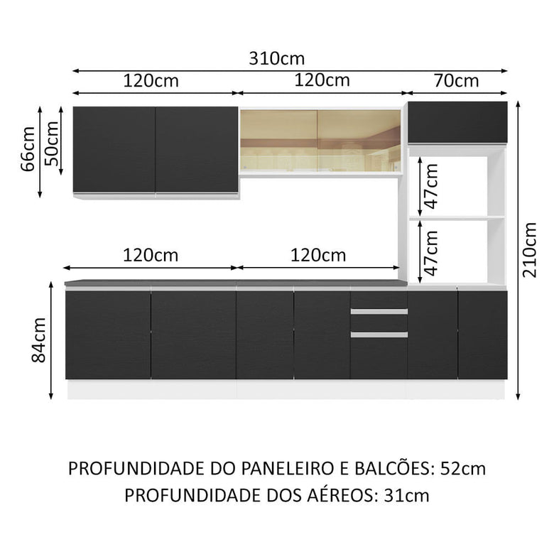 Armário de Cozinha Completa 100% MDF 310cm Branco/Preto Acordes Madesa 01