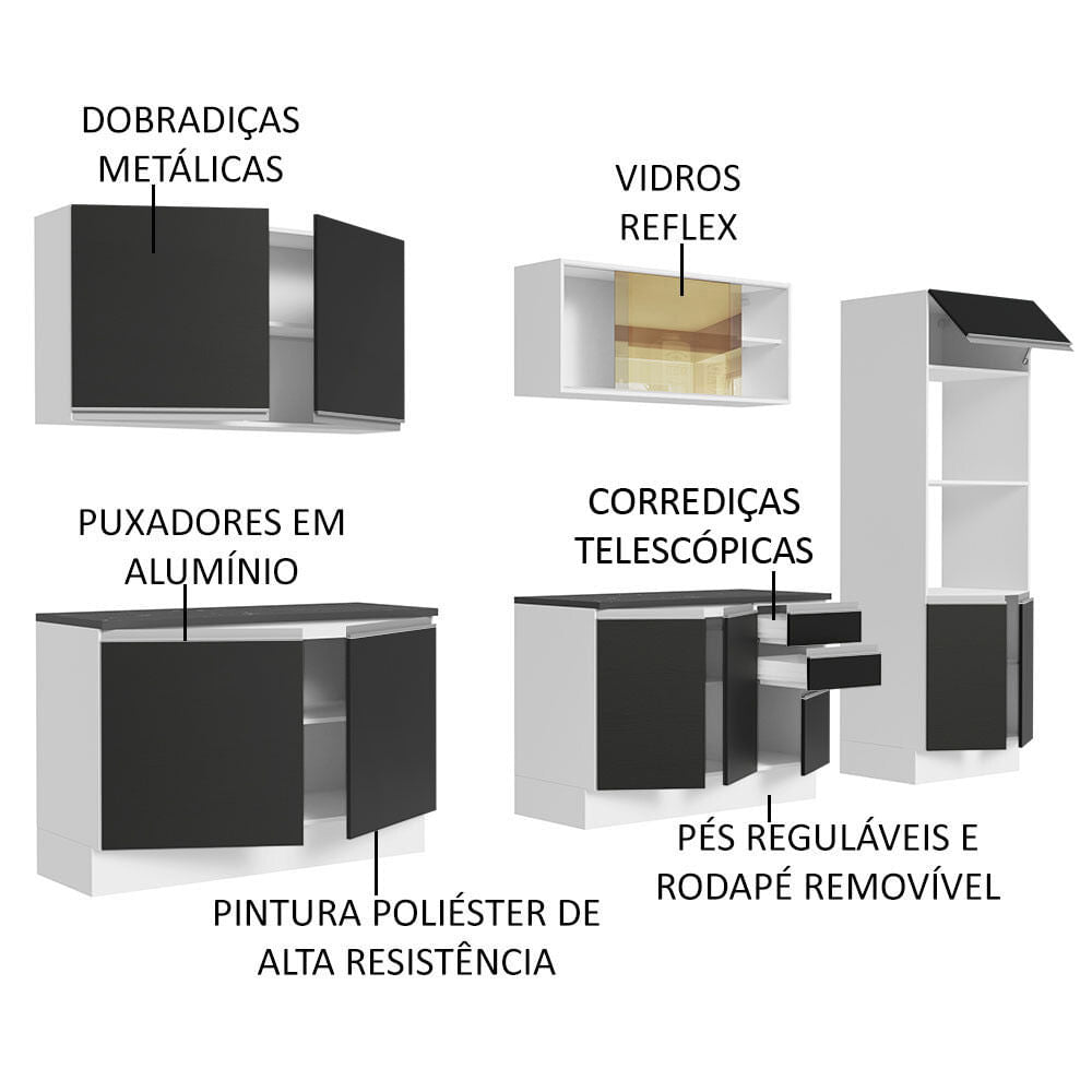 Armário de Cozinha Completa 100% MDF 310cm Branco/Preto Acordes Madesa 01