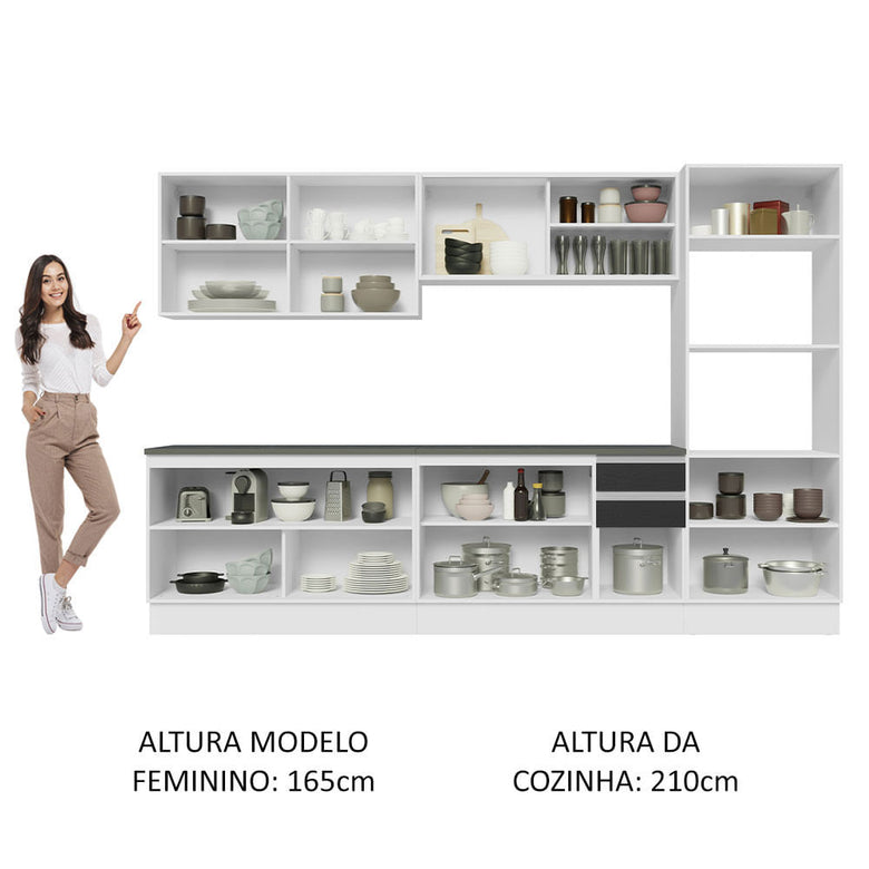 Armário de Cozinha Completa 100% MDF 310cm Branco/Preto Acordes Madesa 01