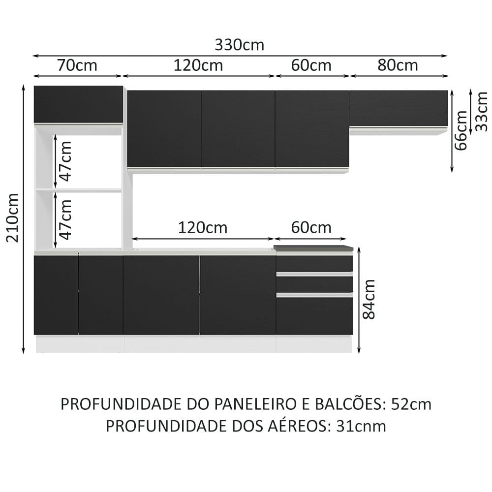 Armário de Cozinha Completa 100% MDF 330cm Branco/Preto Acordes Madesa 06