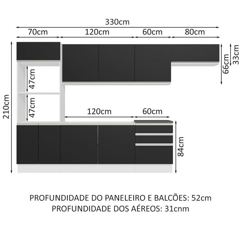 Armário de Cozinha Completa 100% MDF 330cm Branco/Preto Acordes Madesa 06