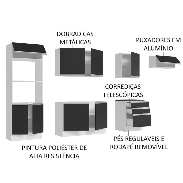 Armário de Cozinha Completa 100% MDF 330cm Branco/Preto Acordes Madesa 06