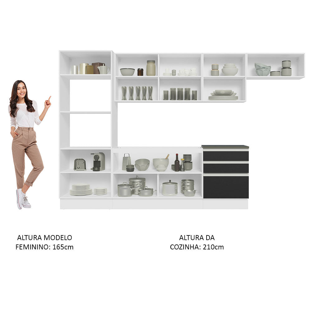 Armário de Cozinha Completa 100% MDF 330cm Branco/Preto Acordes Madesa 06