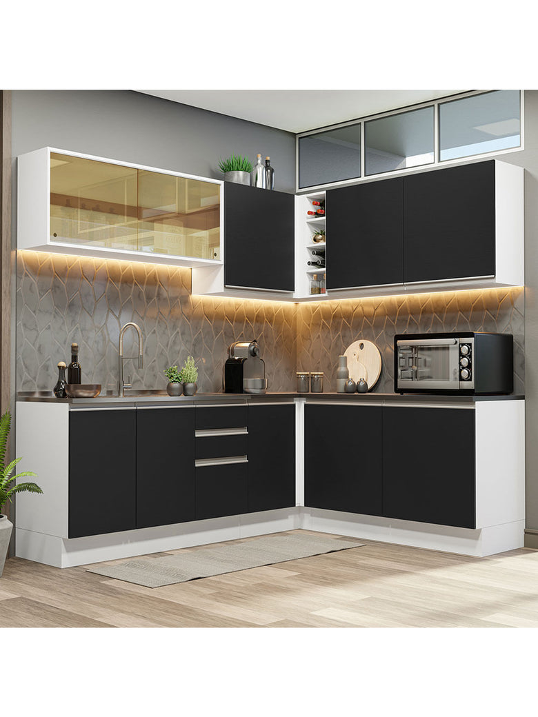 Armário de Cozinha Completa de Canto 100% MDF 389cm Branco/Preto Acordes Madesa 02