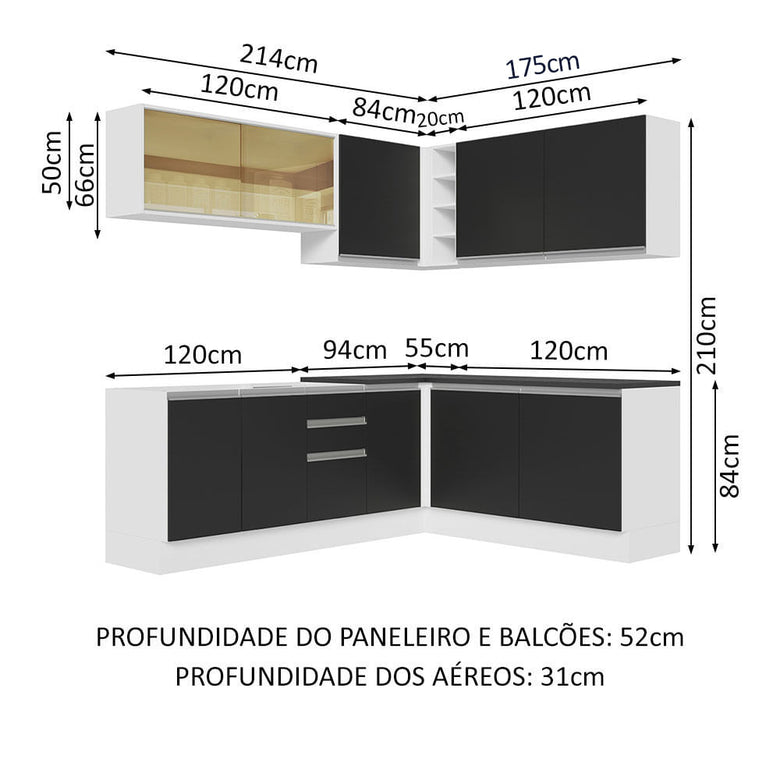 Armário de Cozinha Completa de Canto 100% MDF 389cm Branco/Preto Acordes Madesa 02