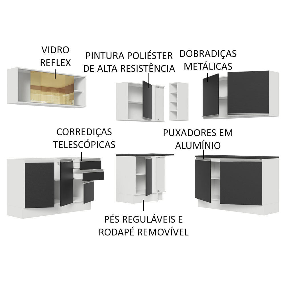 Armário de Cozinha Completa de Canto 100% MDF 389cm Branco/Preto Acordes Madesa 02