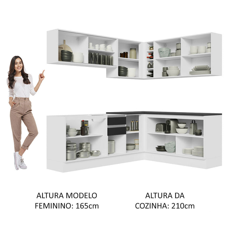 Armário de Cozinha Completa de Canto 100% MDF 389cm Branco/Preto Acordes Madesa 02