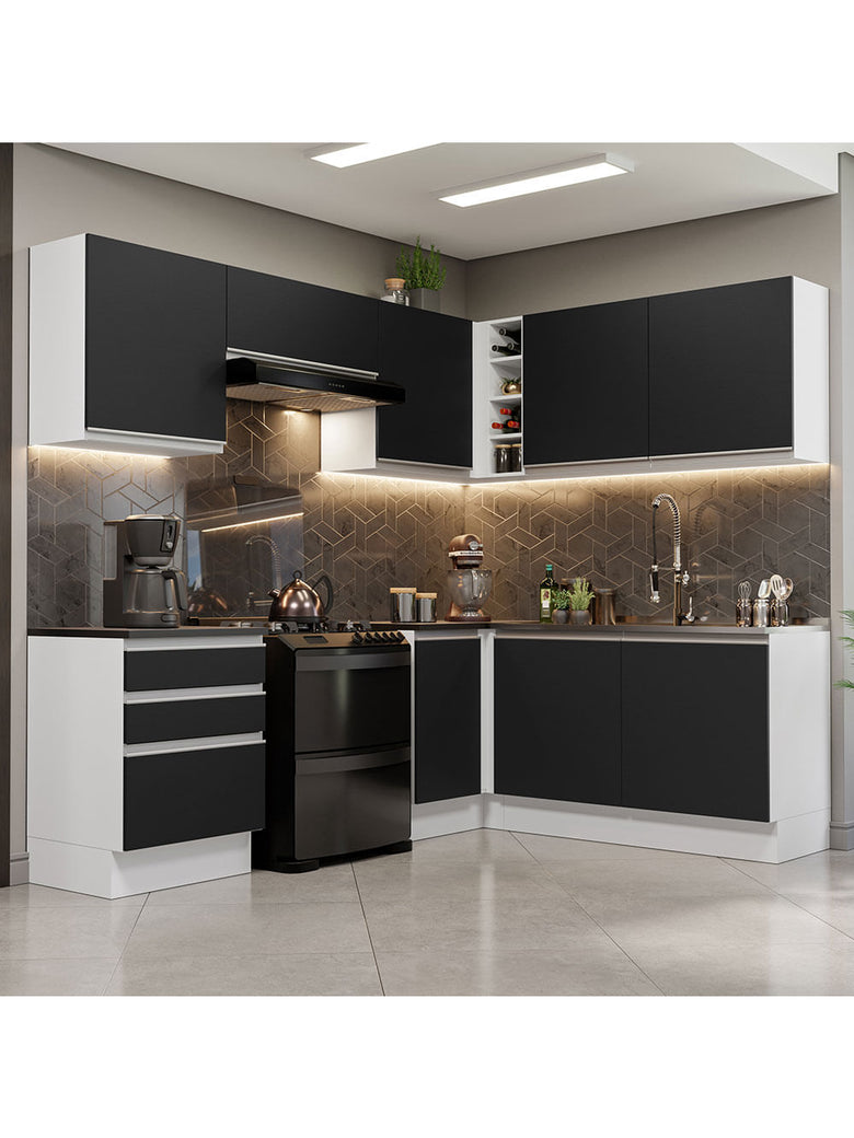 Armário de Cozinha Completa de Canto 100% MDF 409cm Branco/Preto Acordes Madesa 01