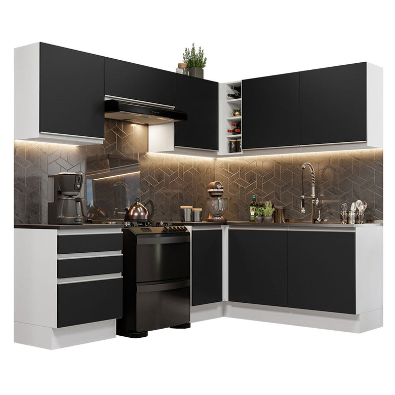 Armário de Cozinha Completa de Canto 100% MDF 409cm Branco/Preto Acordes Madesa 01