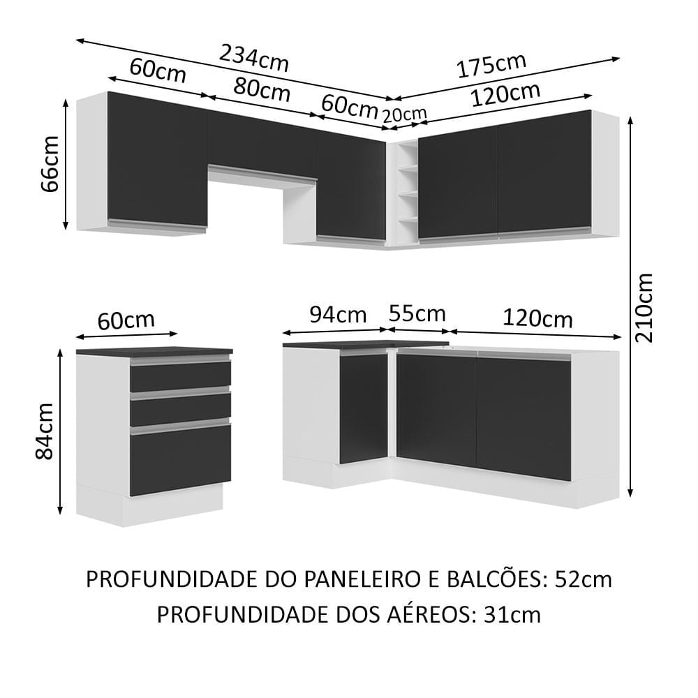 Armário de Cozinha Completa de Canto 100% MDF 409cm Branco/Preto Acordes Madesa 01