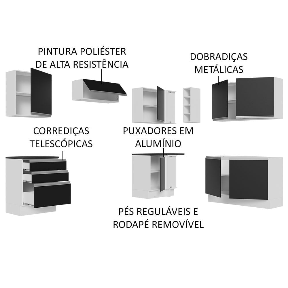Armário de Cozinha Completa de Canto 100% MDF 409cm Branco/Preto Acordes Madesa 01