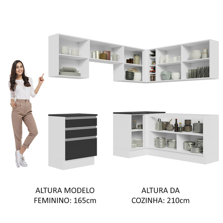 Armário de Cozinha Completa de Canto 100% MDF 409cm Branco/Preto Acordes Madesa 01
