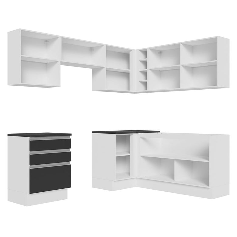 Armário de Cozinha Completa de Canto 100% MDF 409cm Branco/Preto Acordes Madesa 01