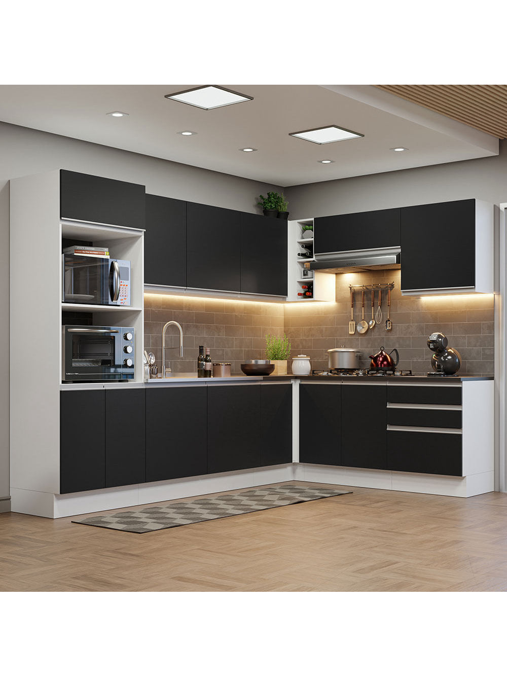 Armário de Cozinha Completa de Canto 100% MDF 479cm Branco/Preto Acordes Madesa 03 - Branco/Preto