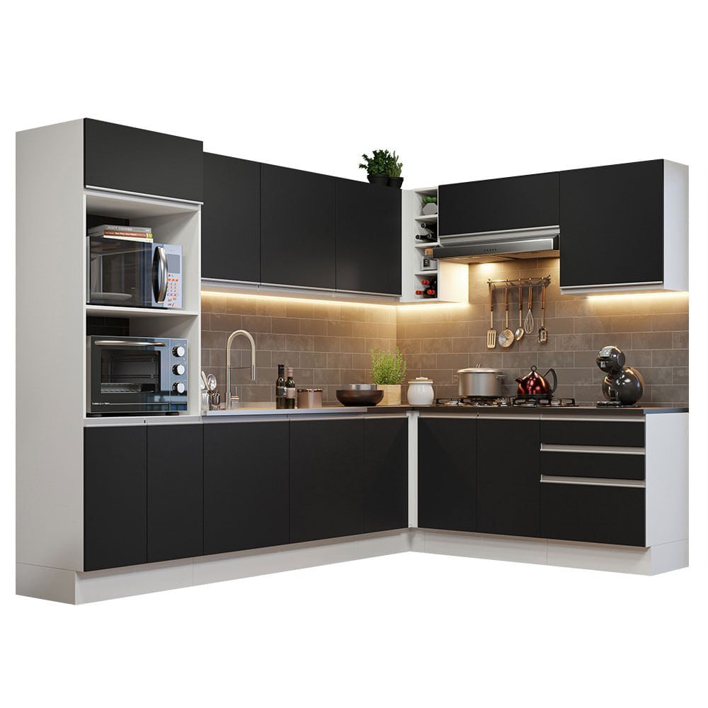 Armário de Cozinha Completa de Canto 100% MDF 479cm Branco/Preto Acordes Madesa 03 - Branco/Preto