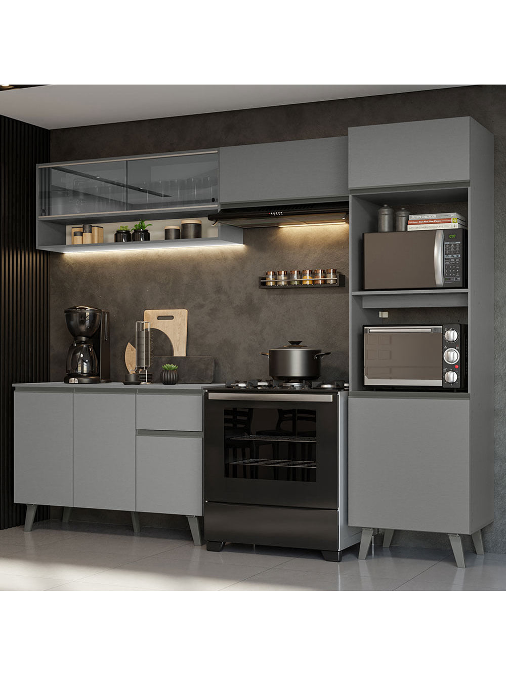 Armário de Cozinha Completa 260cm Cinza Nice Madesa 08 - Cinza