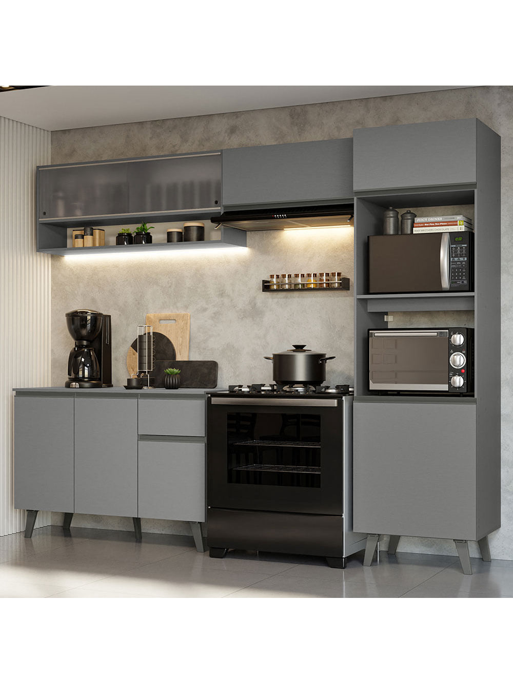 Armário de Cozinha Completa 260cm Cinza Nice Madesa 09 - Cinza