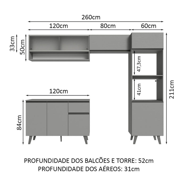 Armário de Cozinha Completa 260cm Cinza Nice Madesa 09