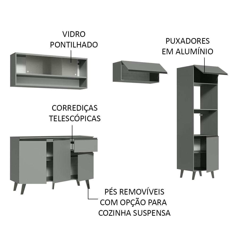 Armário de Cozinha Completa 260cm Cinza Nice Madesa 09