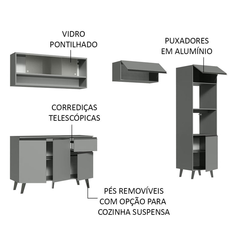 Armário de Cozinha Completa 260cm Cinza Nice Madesa 09