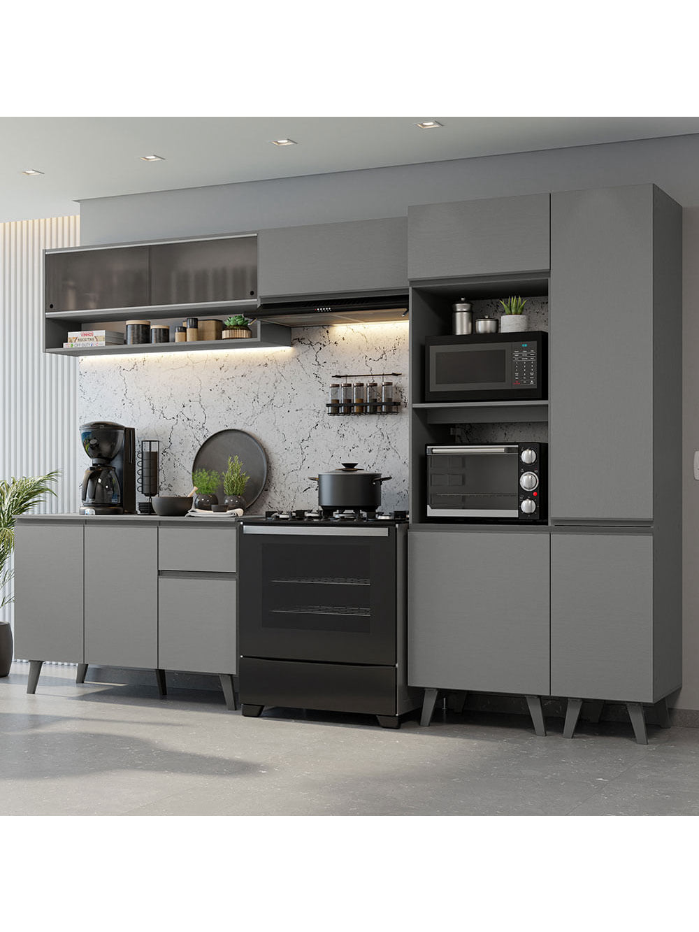 Armário de Cozinha Completa 300cm Cinza Nice Madesa 08 - Cinza