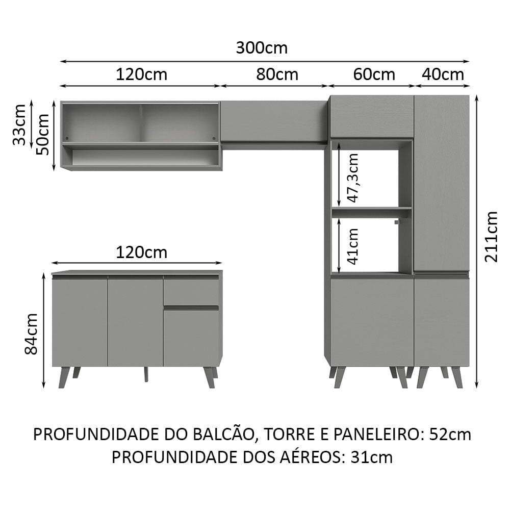 Armário de Cozinha Completa 300cm Cinza Nice Madesa 08
