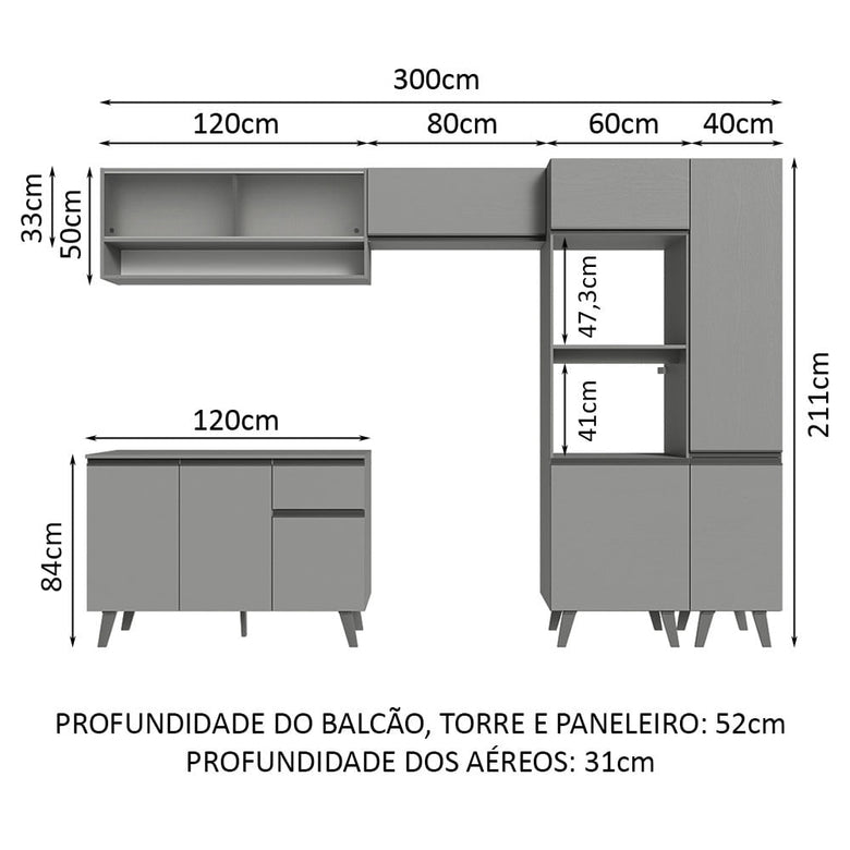 Armário de Cozinha Completa 300cm Cinza Nice Madesa 08