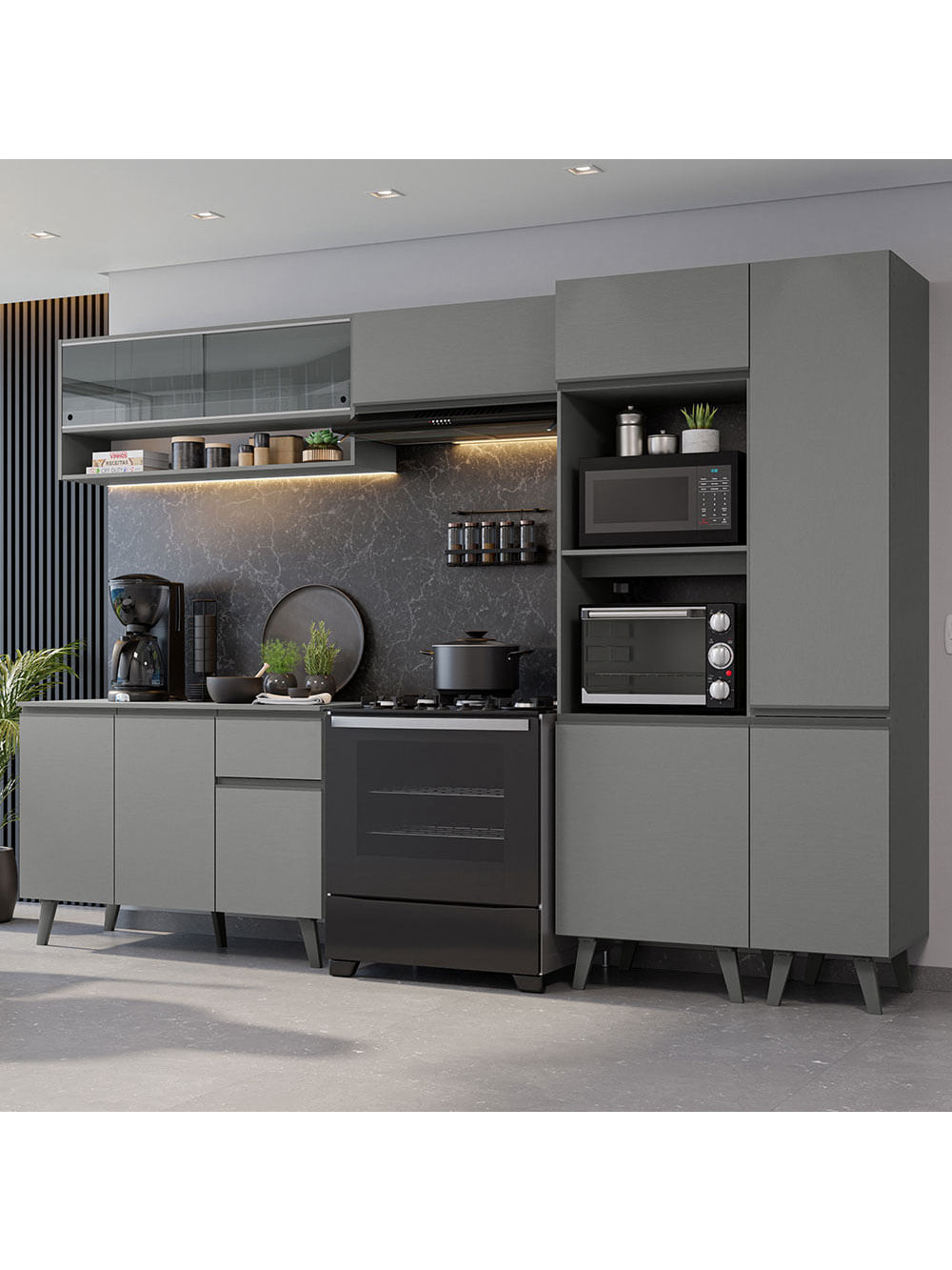 Armário de Cozinha Completa 300cm Cinza Nice Madesa 09 - Cinza