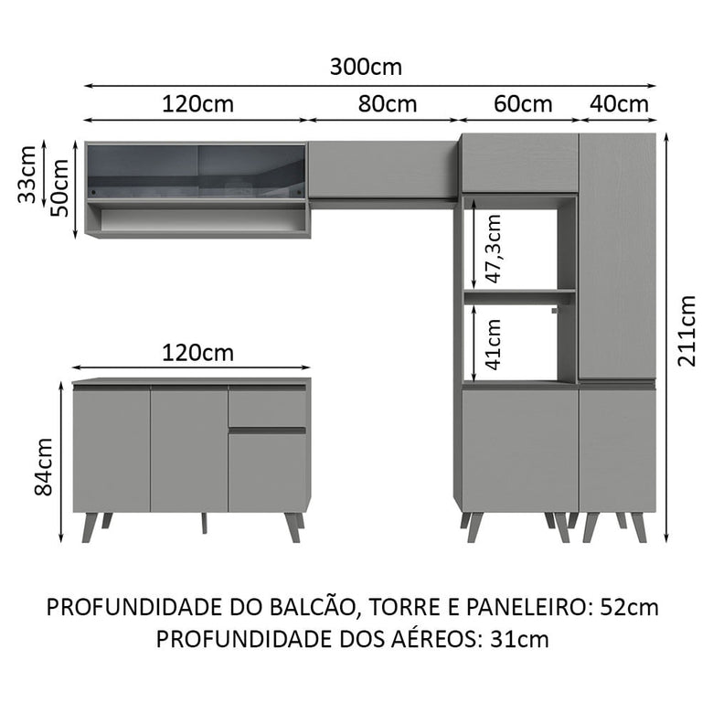 Armário de Cozinha Completa 300cm Cinza Nice Madesa 09