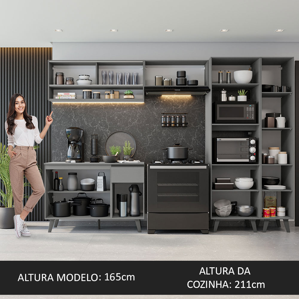 Armário de Cozinha Completa 300cm Cinza Nice Madesa 09