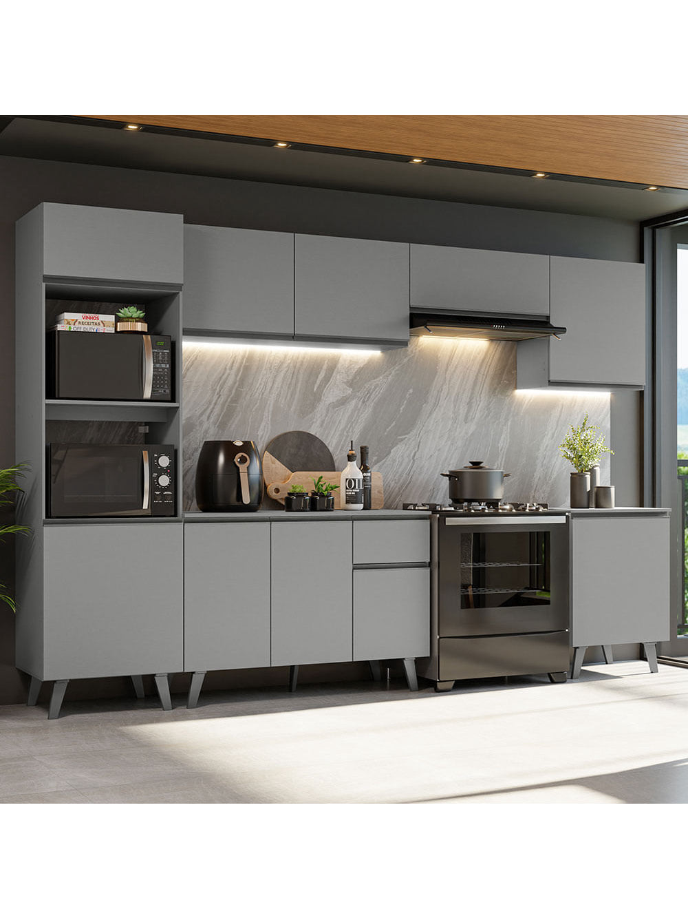 Armário de Cozinha Completa 320cm Cinza Nice Madesa 01 - Cinza