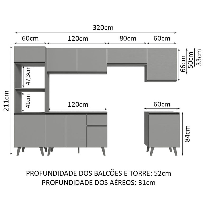Armário de Cozinha Completa 320cm Cinza Nice Madesa 01