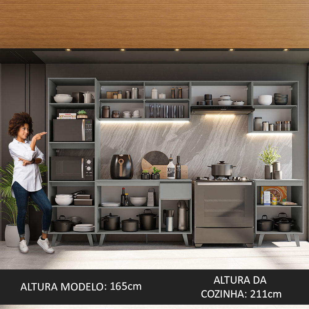 Armário de Cozinha Completa 320cm Cinza Nice Madesa 01