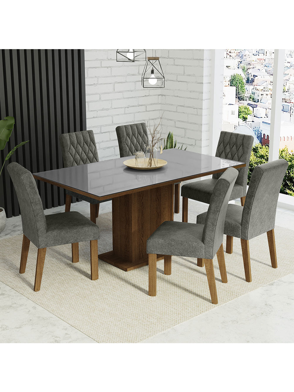 Conjunto Sala de Jantar Mesa Tampo de Vidro 6 Cadeiras Rustic/Cinza/Silver Geórgia Madesa - Rustic/Cinza/Silver