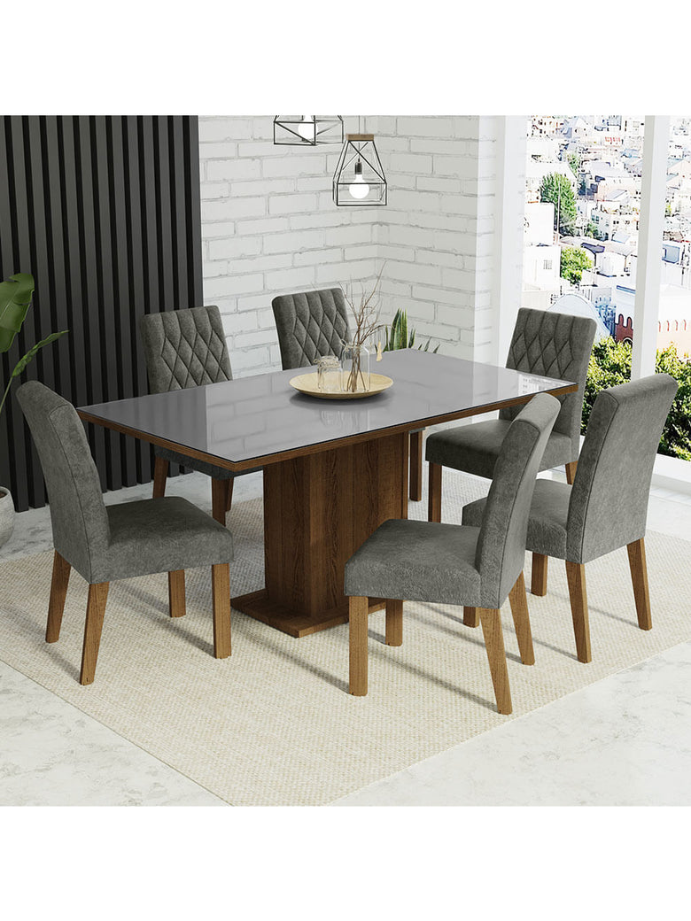 Conjunto Sala de Jantar Mesa Tampo de Vidro 6 Cadeiras Rustic/Cinza/Silver Geórgia Madesa