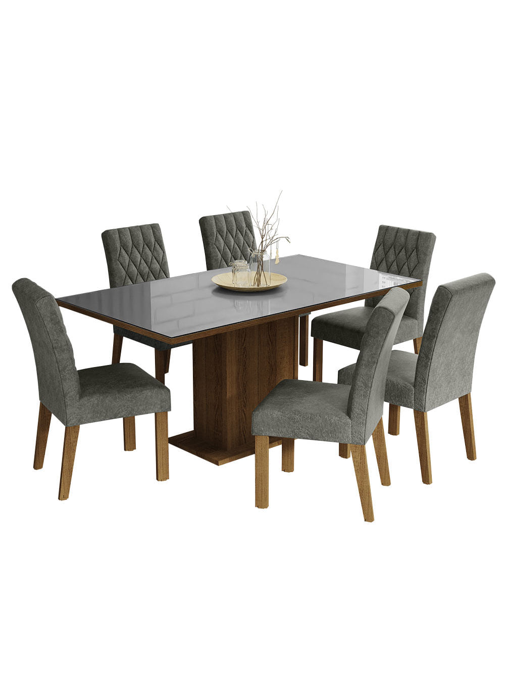 Conjunto Sala de Jantar Mesa Tampo de Vidro 6 Cadeiras Rustic/Cinza/Silver Geórgia Madesa - Rustic/Cinza/Silver