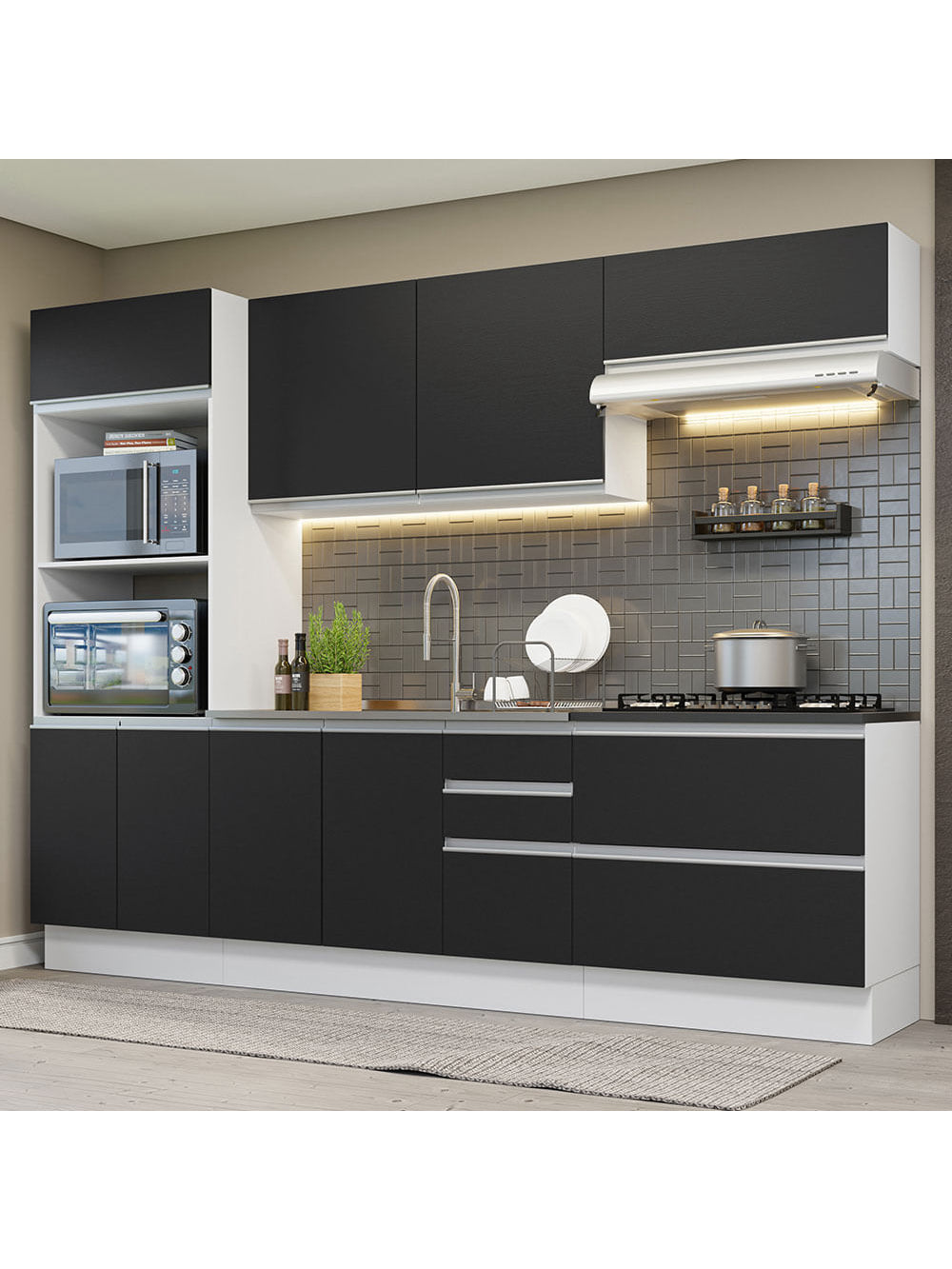 Armário de Cozinha Completa 100% MDF 270cm Branco/Preto Acordes Madesa 06 - Branco/Preto