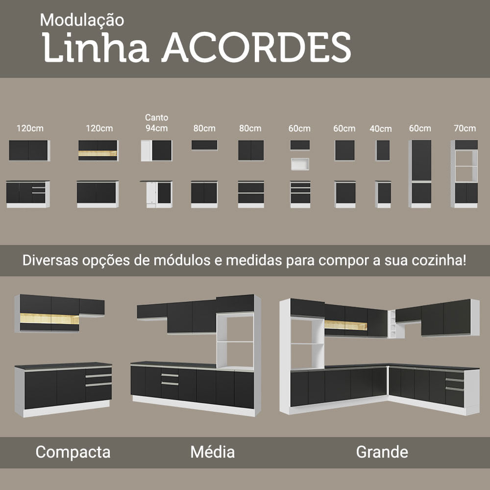 Armário de Cozinha Completa 100% MDF 270cm Branco/Preto Acordes Madesa 06