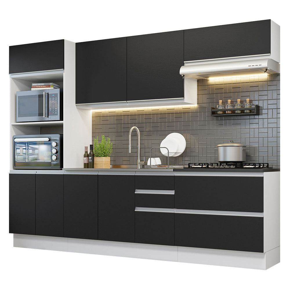 Armário de Cozinha Completa 100% MDF 270cm Branco/Preto Acordes Madesa 06 - Branco/Preto