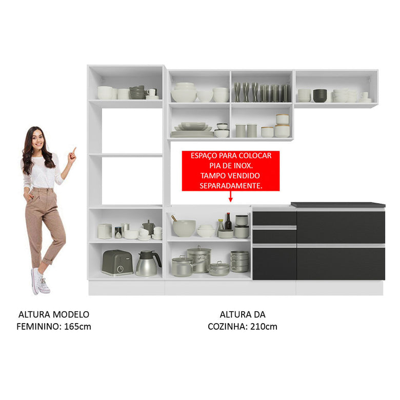 Armário de Cozinha Completa 100% MDF 270cm Branco/Preto Acordes Madesa 06