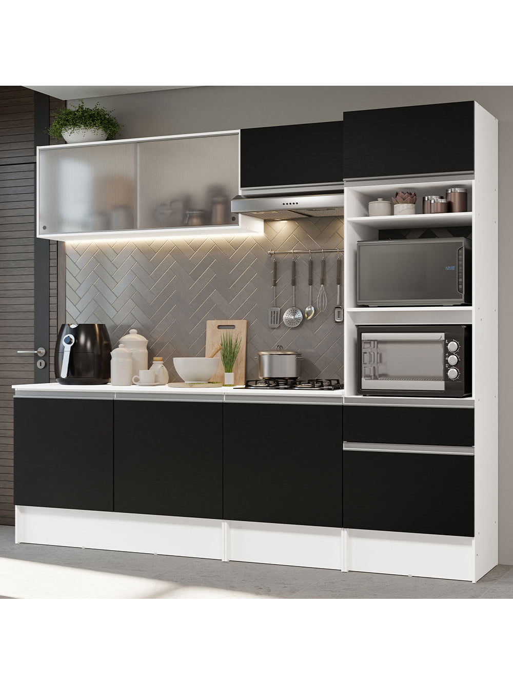 Armário de Cozinha Completa 240cm Branco/Preto Topazio Madesa 05 - Branco/Preto