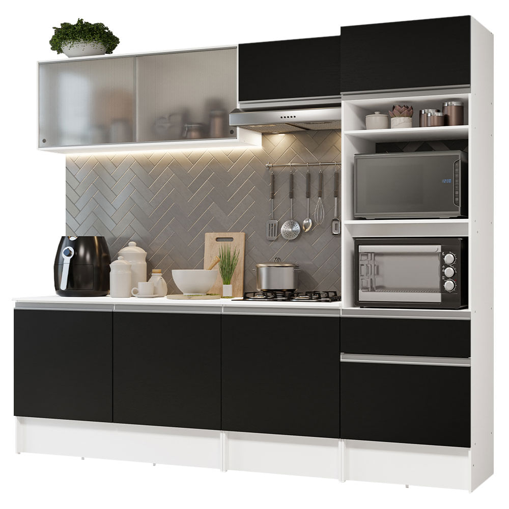 Armário de Cozinha Completa 240cm Branco/Preto Topazio Madesa 05 - Branco/Preto