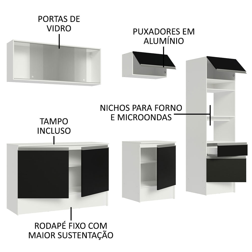 Armário de Cozinha Completa 240cm Branco/Preto Topazio Madesa 05