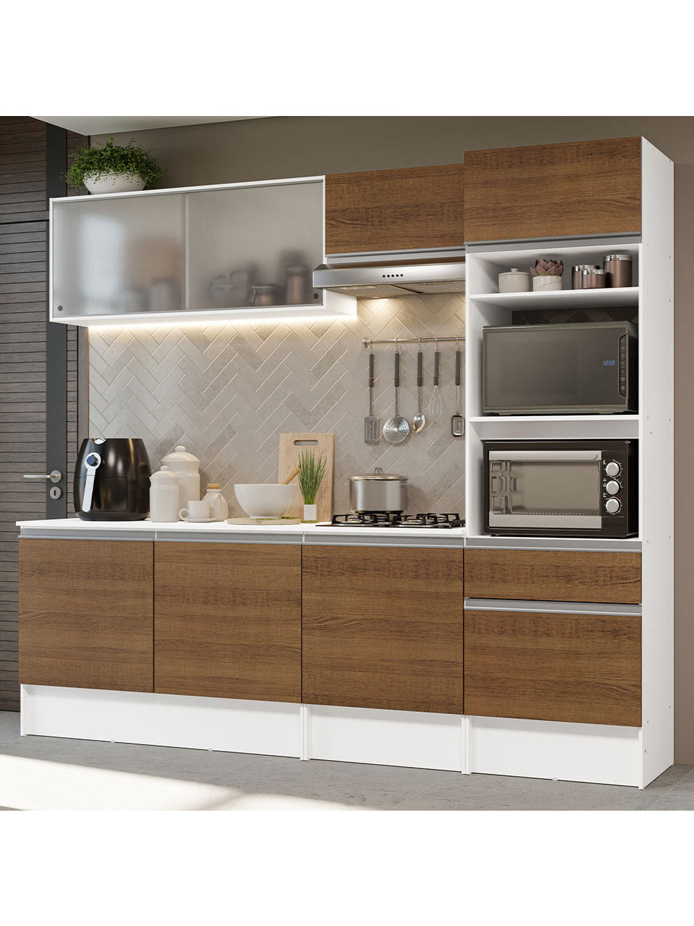 Armário de Cozinha Completa 240cm Branco/Rustic Topazio Madesa 05 - Branco/Rustic