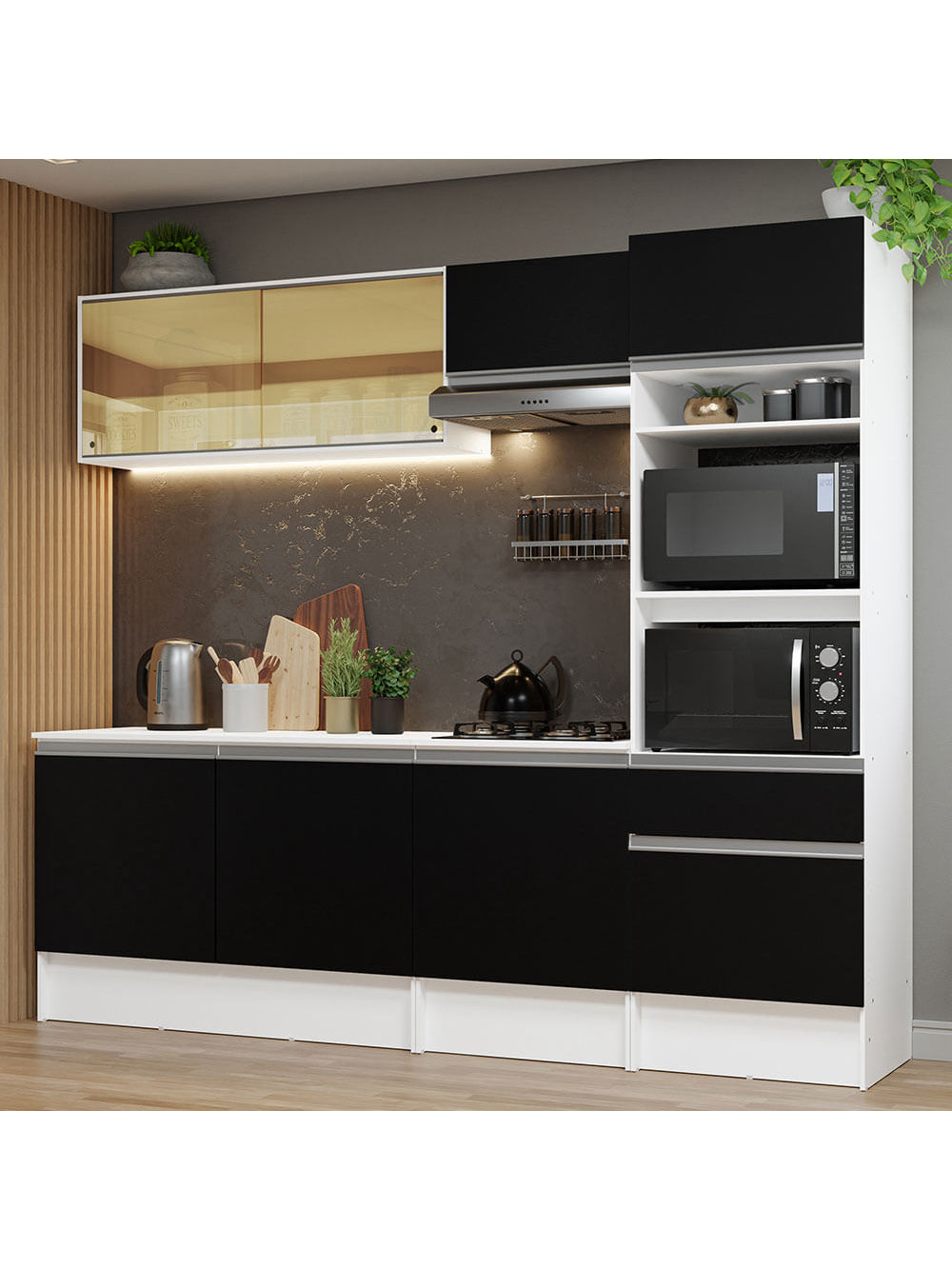 Armário de Cozinha Completa 240cm Branco/Preto Diamante Madesa 06 - Branco/Preto