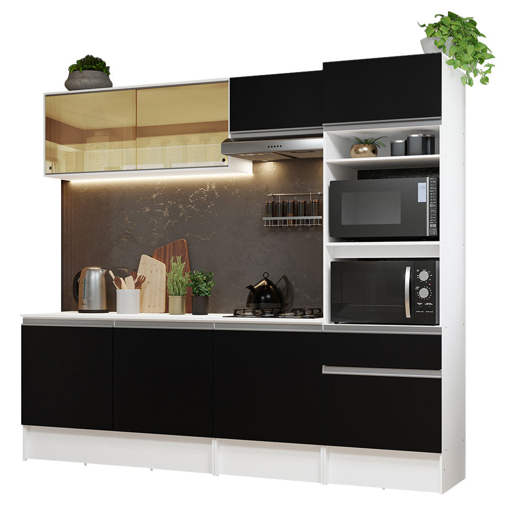 Armário de Cozinha Completa 240cm Branco/Preto Diamante Madesa 06 - Branco/Preto