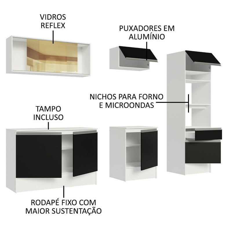 Armário de Cozinha Completa 240cm Branco/Preto Diamante Madesa 06