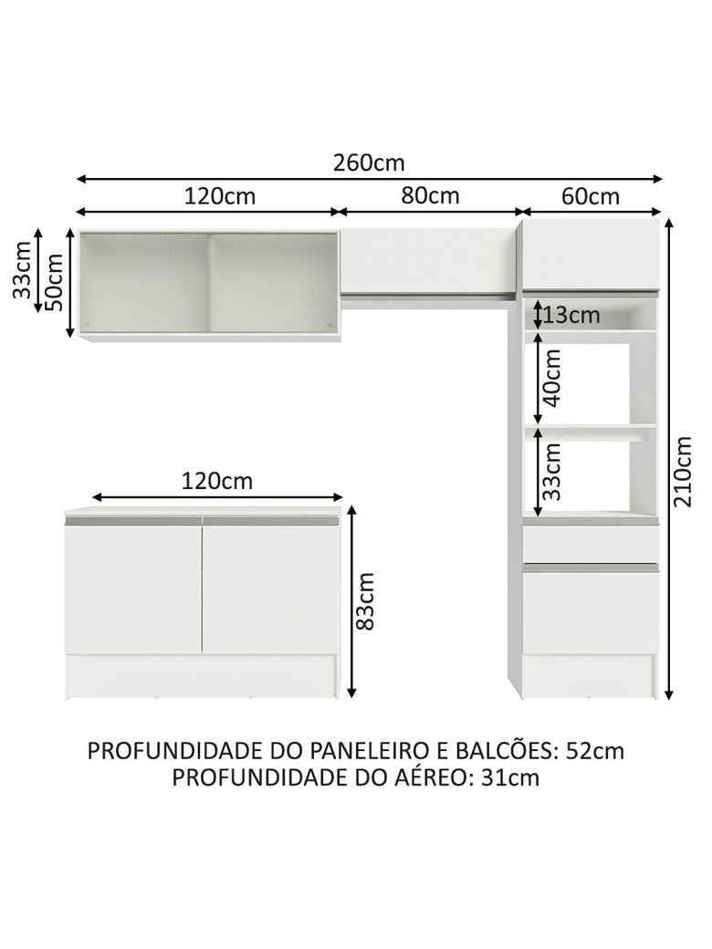 Armário de Cozinha Completa 260cm Branco Topazio Madesa 01