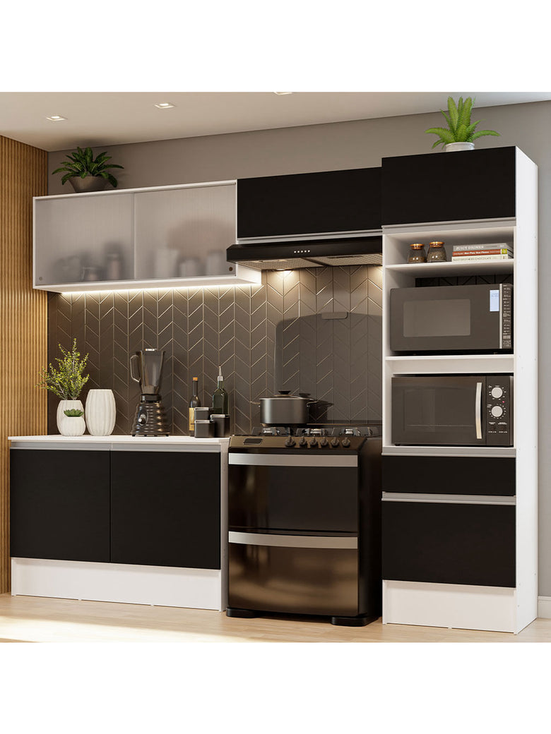 Armário de Cozinha Completa 260cm Branco/Preto Topazio Madesa 01