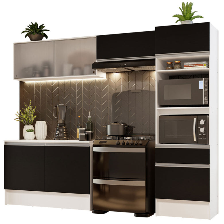 Armário de Cozinha Completa 260cm Branco/Preto Topazio Madesa 01